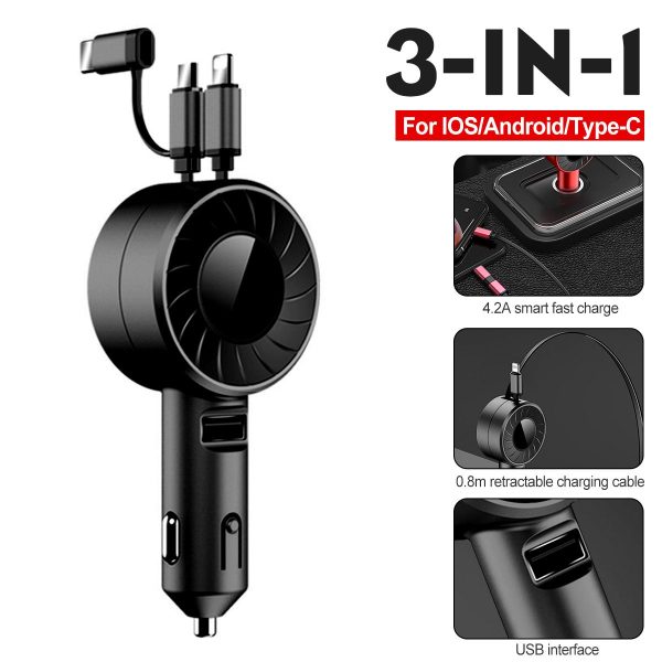 3-IN-1 Car Charger Mobile Phone  Adapter For IOS/Android/Type-C USB Retractable Charging Cable 4.2A Fast Charing For Truck - Image 7