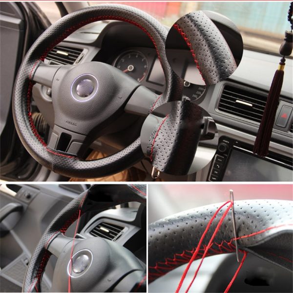 Braid On Steering Wheel Car Steering Wheel Cover With Needles and Thread Artificial leather Diameter 38cm Steering cover couvre - Image 2