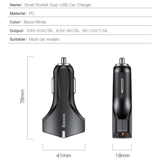 Baseus  Charge 3.0 Car Charger 5V3A Dual USB Port QC3.0 Quick Charger Mobile Phone Fast Charging Charger 2 USB Car-Charger - Image 4