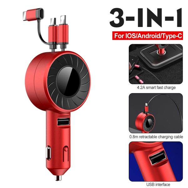 3-IN-1 Car Charger Mobile Phone  Adapter For IOS/Android/Type-C USB Retractable Charging Cable 4.2A Fast Charing For Truck - Image 8