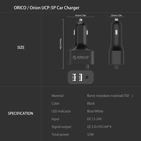 ORICO UCP-5P Portable 52W Car Charger with Expander Quick Charge 3.0 Car Charger 5 Porst for Your needs MPV Car - Image 6