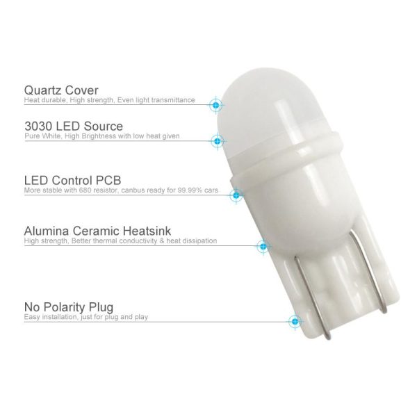 CNSUNNYLIGHT Newest Ceramic Base T10 W5W LED Car Interior Light Marker 12V Wedge Parking Dome Bulbs Mini Size White 6000K - Image 6
