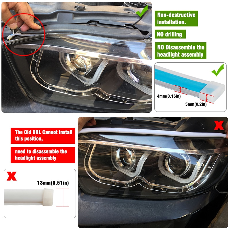 60cm New Slim Amber Sequential Flexible LED DRL For Headlight Strip Daytime Running Light With Yellow Turn Signal Lamp 12V - Image 2