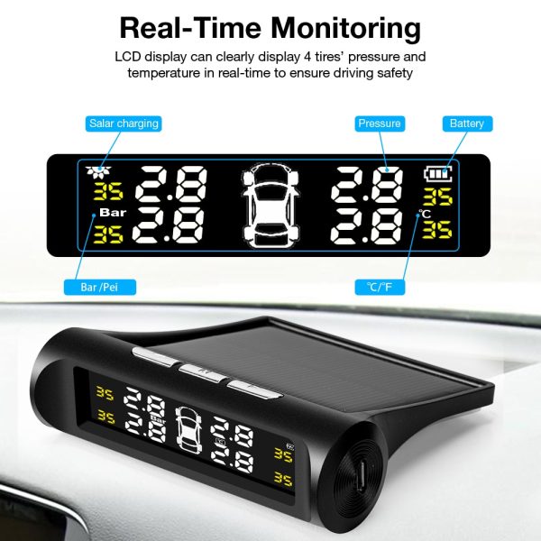 Smart Car TPMS Tire Pressure Monitoring System Solar Power Digital TMPS LCD Display USB Auto Security Alarm Tire Pressure Sensor - Image 3