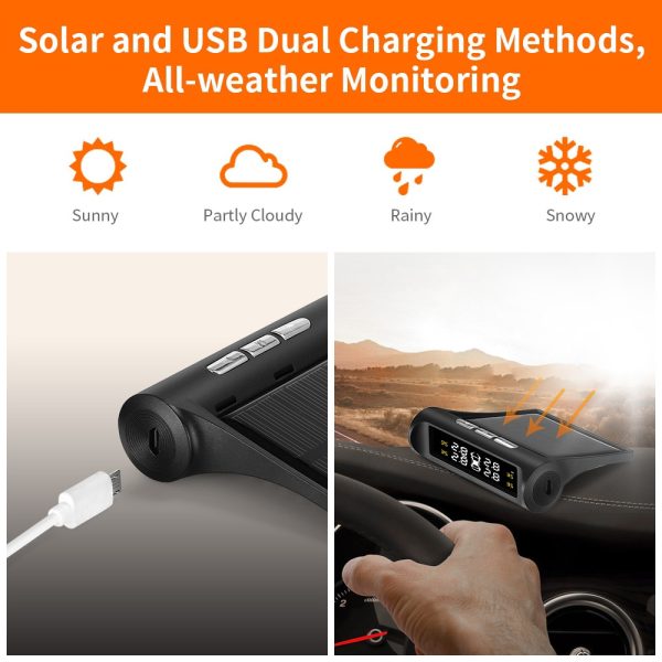 Smart Car TPMS Tire Pressure Monitoring System Solar Power Digital TMPS LCD Display USB Auto Security Alarm Tire Pressure Sensor - Image 5