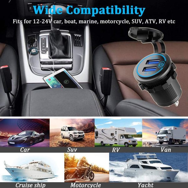 36W QC 3.0 Touch Switch Waterproof Universal Motorcycle Car Truck Boat Dual USB Charger Socket For Phone Tablet Camera GPS DVR - Image 3