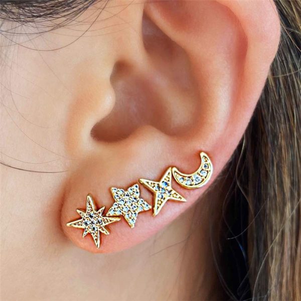 S925 Small Ins 4 Piece Set Star Octagonal Star Four Point Star Moon Earring Set