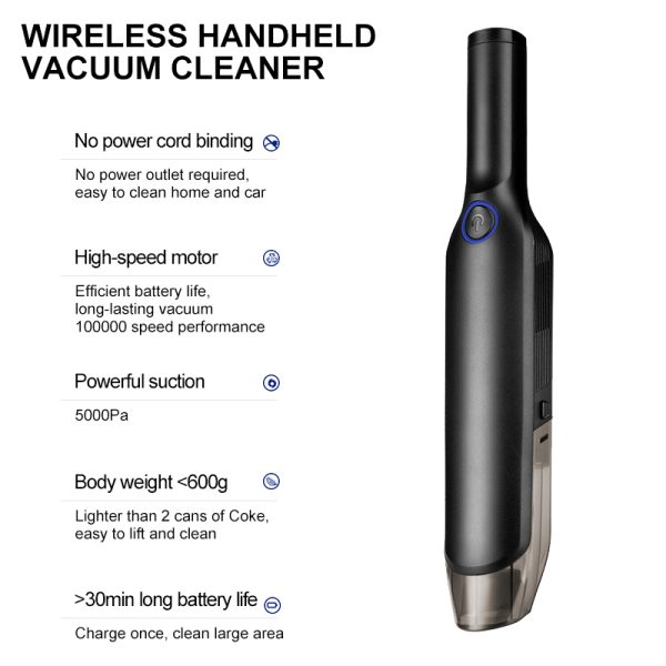 Handheld Wireless Vacuum Cleaner Rechargeable Cyclone Suction Car Vacuum Cleaner Cordless Wet/Dry Auto Portable for Car Home - Image 2