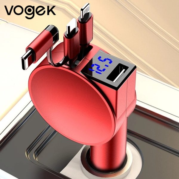 Vogek 3-in-1 Car Charger 60W Super Fast Charging for iPhone Xiaomi Huawei Samsung with Telescopic Charging Cables and Adapters